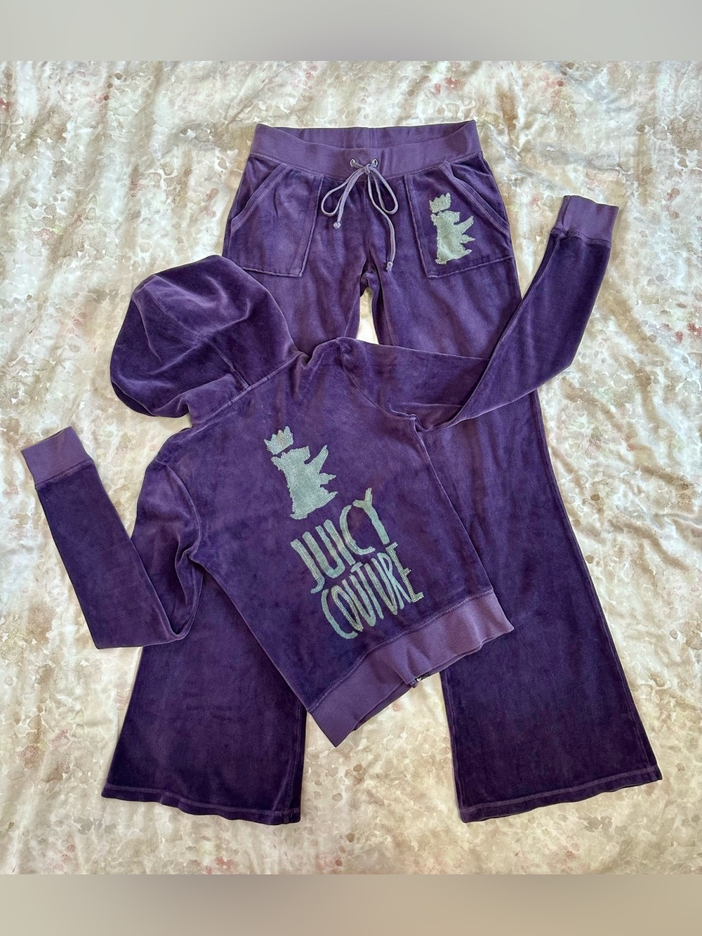 Juicy Couture Purple Velour Hooded Pajama Set with Mint Graphic